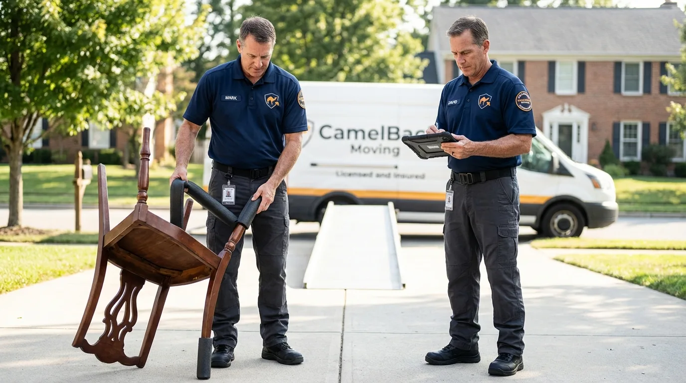 Movers inspecting furniture for damage prevention before loading in Derby, KS