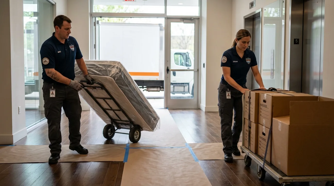 Professional apartment movers loading elevator in Derby, KS